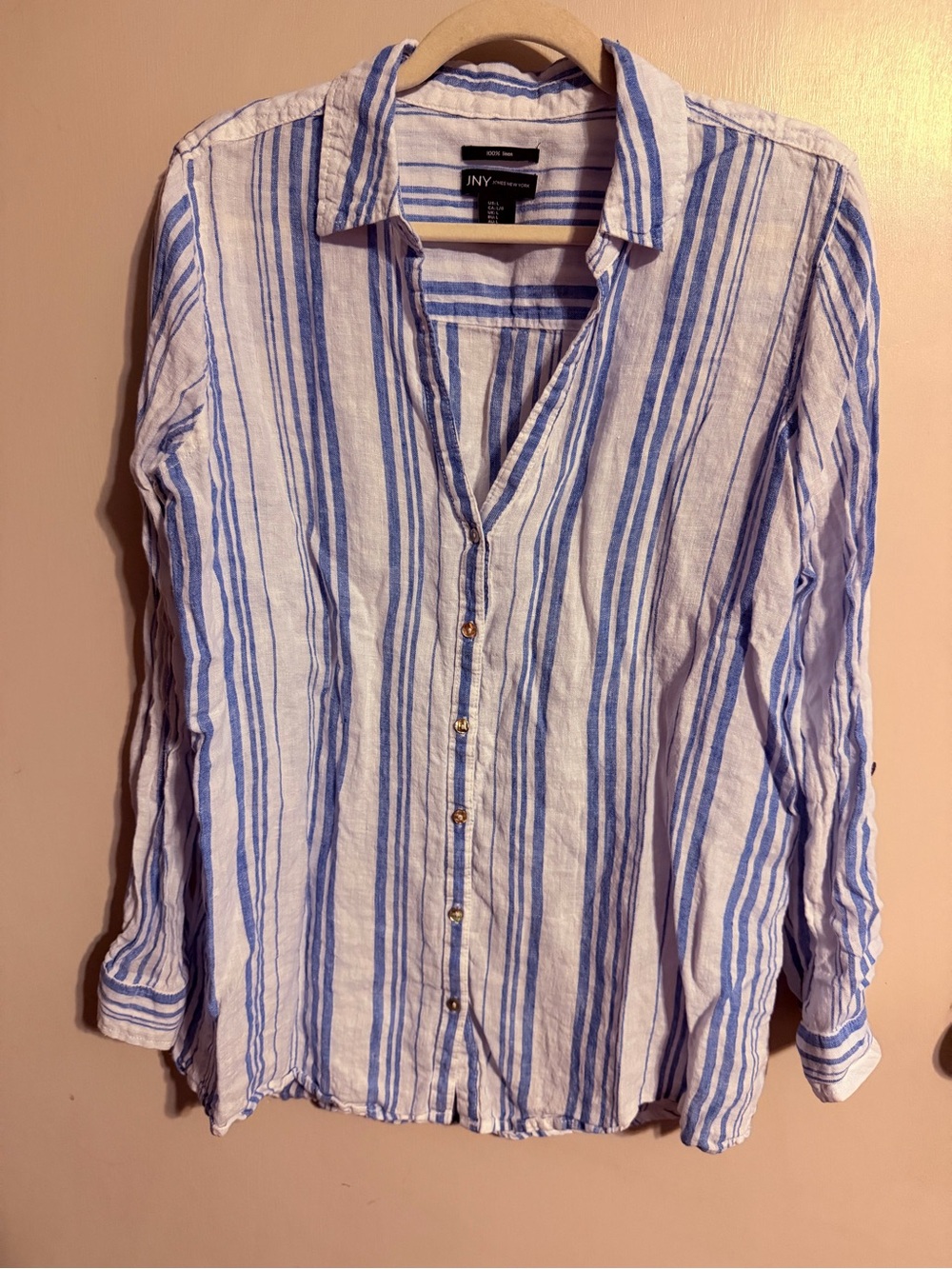 JNY Jones New York 100% Linen Blue White Striped Button Up Shirt Large - Picture 3 of 9